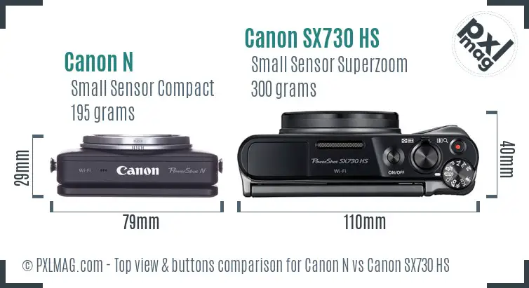 Canon N vs Canon SX730 HS top view buttons comparison