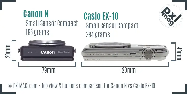 Canon N vs Casio EX-10 top view buttons comparison