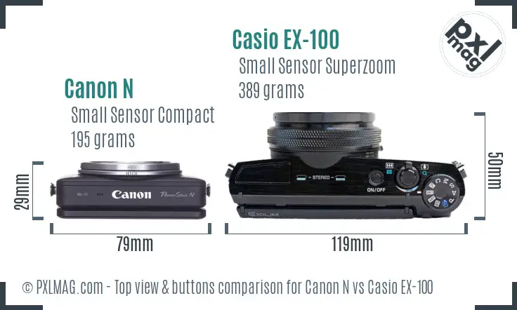 Canon N vs Casio EX-100 top view buttons comparison Canon N vs Casio EX-100 top view buttons comparison