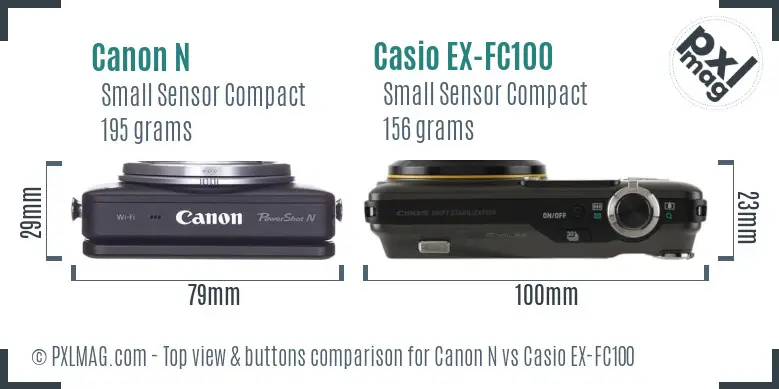 Canon N vs Casio EX-FC100 top view buttons comparison Canon N vs Casio EX-FC100 top view buttons comparison
