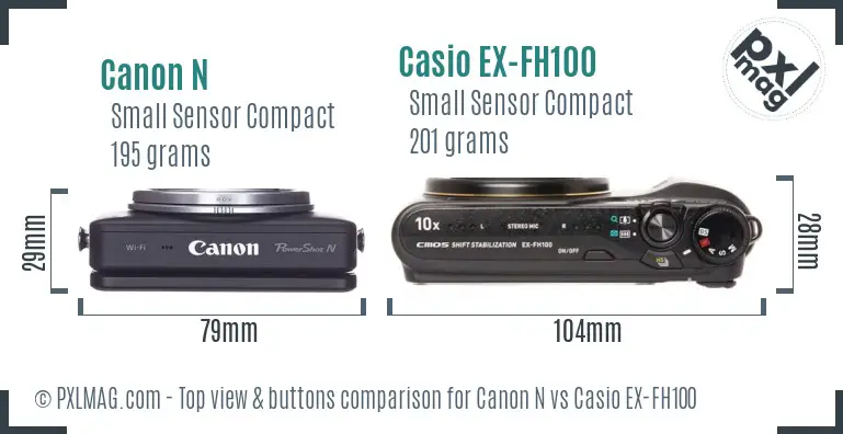 Canon N vs Casio EX-FH100 top view buttons comparison