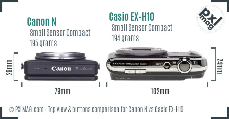 Canon N vs Casio EX-H10 top view buttons comparison Canon N vs Casio EX-H10 top view buttons comparison
