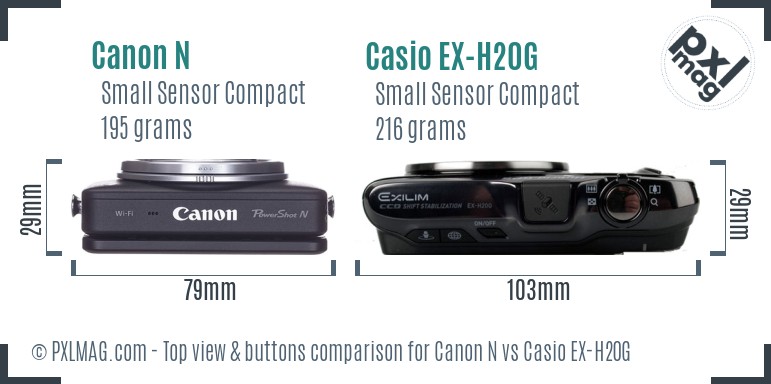 Canon N vs Casio EX-H20G top view buttons comparison