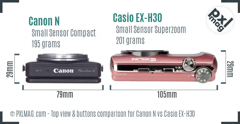 Canon N vs Casio EX-H30 top view buttons comparison Canon N vs Casio EX-H30 top view buttons comparison