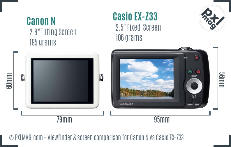 Canon N vs Casio EX-Z33 Screen and Viewfinder comparison