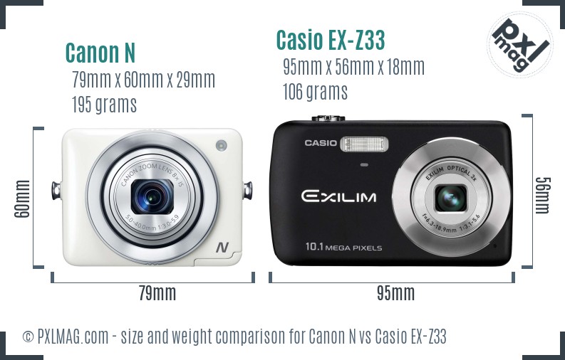 Canon N vs Casio EX-Z33 size comparison