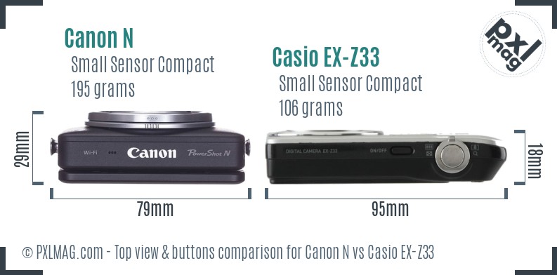 Canon N vs Casio EX-Z33 top view buttons comparison