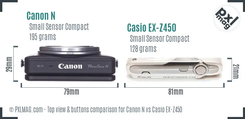 Canon N vs Casio EX-Z450 top view buttons comparison