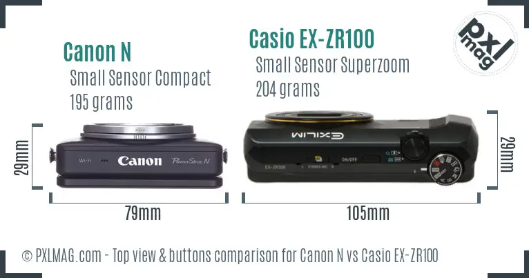 Canon N vs Casio EX-ZR100 top view buttons comparison