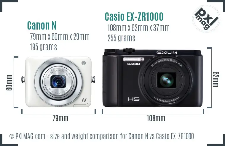 Canon N vs Casio EX-ZR1000 size comparison