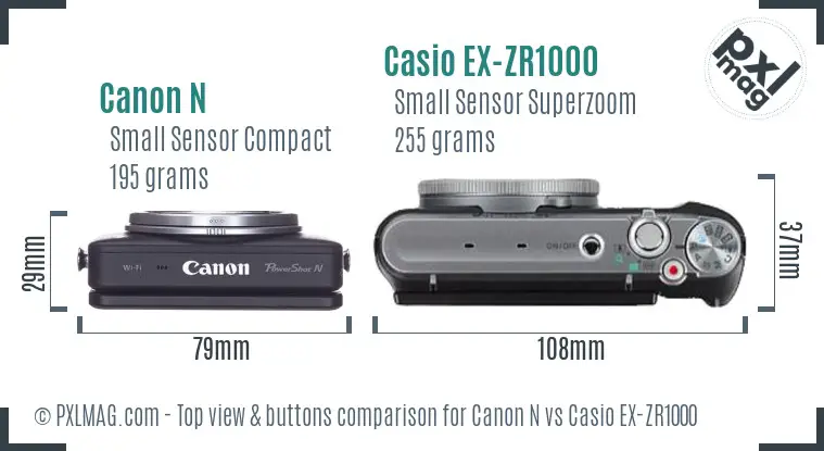 Canon N vs Casio EX-ZR1000 top view buttons comparison