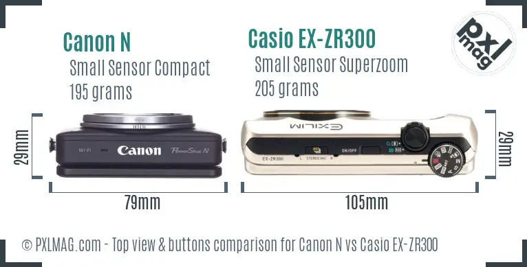 Canon N vs Casio EX-ZR300 top view buttons comparison