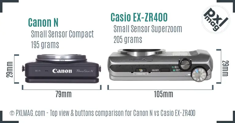 Canon N vs Casio EX-ZR400 top view buttons comparison Canon N vs Casio EX-ZR400 top view buttons comparison