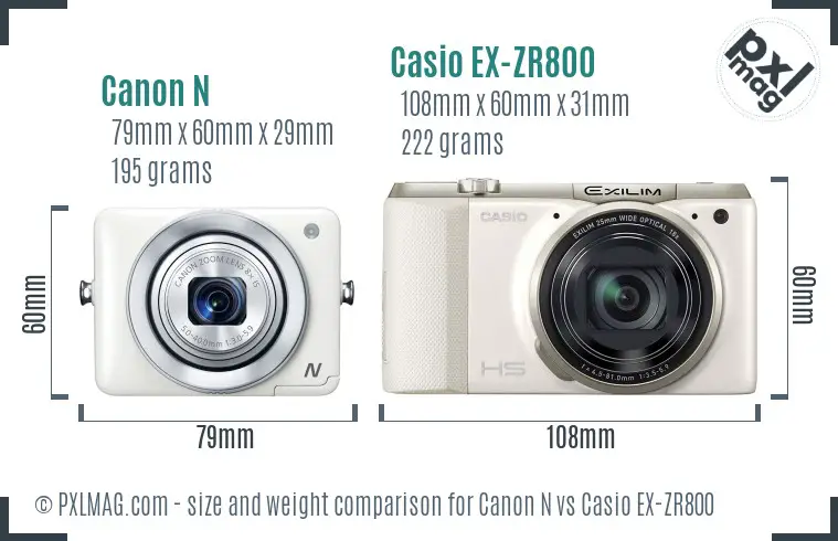 Canon N vs Casio EX-ZR800 size comparison