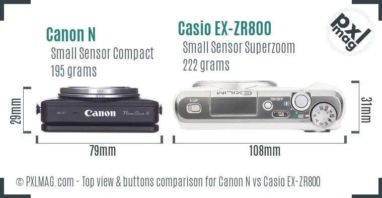 Canon N vs Casio EX-ZR800 top view buttons comparison