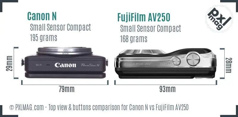 Canon N vs FujiFilm AV250 top view buttons comparison