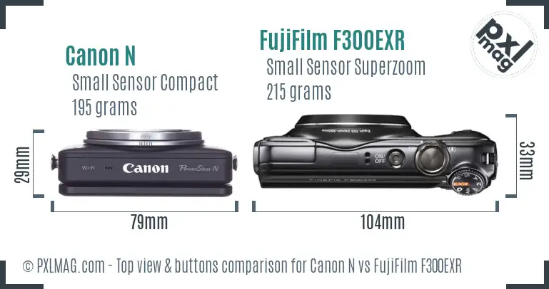 Canon N vs FujiFilm F300EXR top view buttons comparison