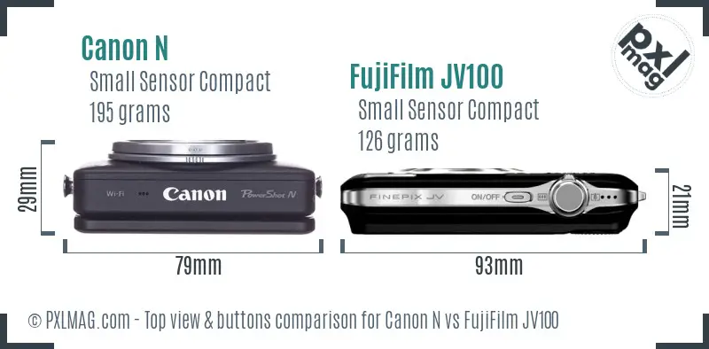 Canon N vs FujiFilm JV100 top view buttons comparison