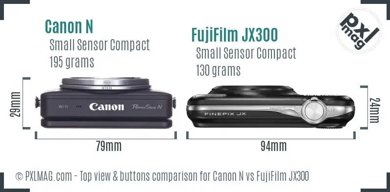 Canon N vs FujiFilm JX300 top view buttons comparison Canon N vs FujiFilm JX300 top view buttons comparison
