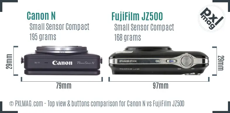 Canon N vs FujiFilm JZ500 top view buttons comparison