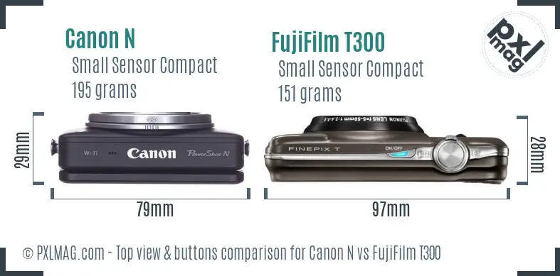 Canon N vs FujiFilm T300 top view buttons comparison