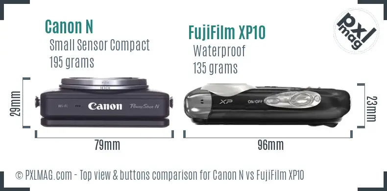 Canon N vs FujiFilm XP10 top view buttons comparison Canon N vs FujiFilm XP10 top view buttons comparison