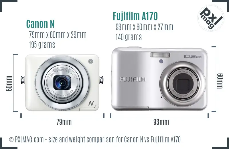 Canon N vs Fujifilm A170 size comparison