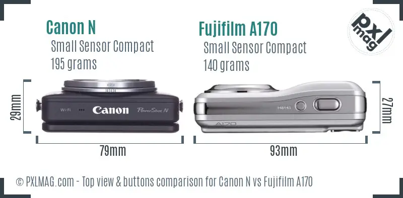 Canon N vs Fujifilm A170 top view buttons comparison