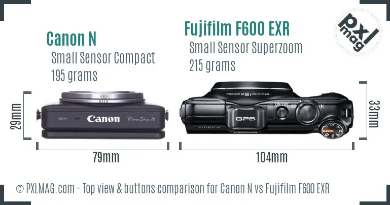 Canon N vs Fujifilm F600 EXR top view buttons comparison