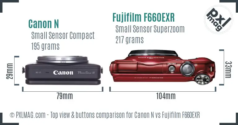 Canon N vs Fujifilm F660EXR top view buttons comparison