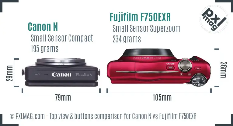 Canon N vs Fujifilm F750EXR top view buttons comparison