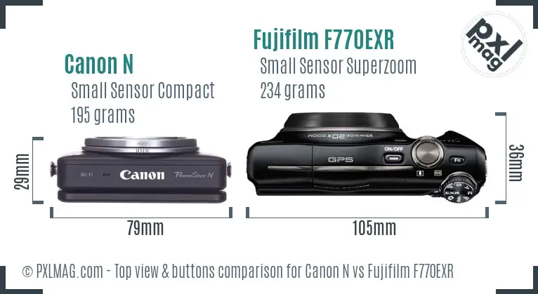 Canon N vs Fujifilm F770EXR top view buttons comparison