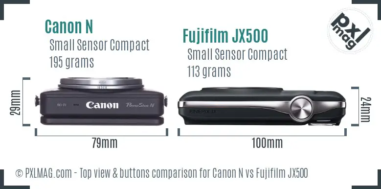 Canon N vs Fujifilm JX500 top view buttons comparison Canon N vs Fujifilm JX500 top view buttons comparison
