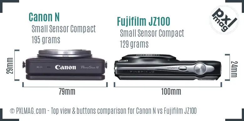 Canon N vs Fujifilm JZ100 top view buttons comparison Canon N vs Fujifilm JZ100 top view buttons comparison