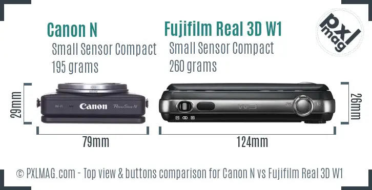 Canon N vs Fujifilm Real 3D W1 top view buttons comparison
