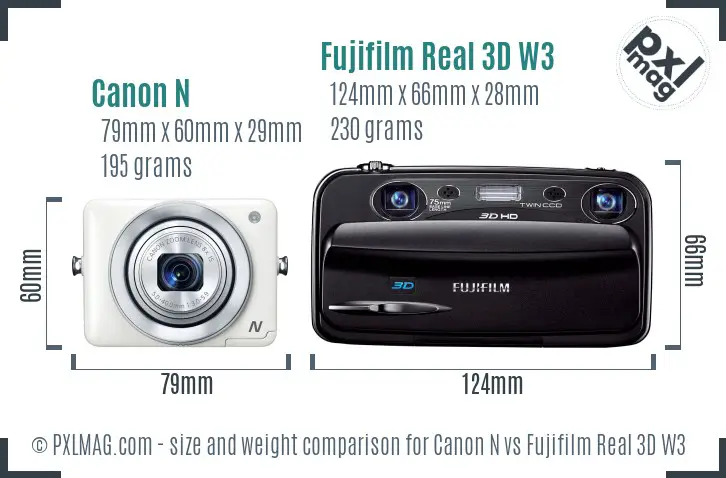 Canon N vs Fujifilm Real 3D W3 size comparison