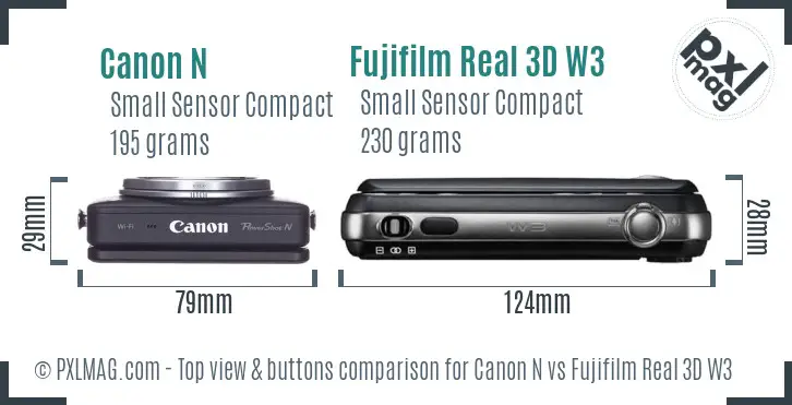 Canon N vs Fujifilm Real 3D W3 top view buttons comparison