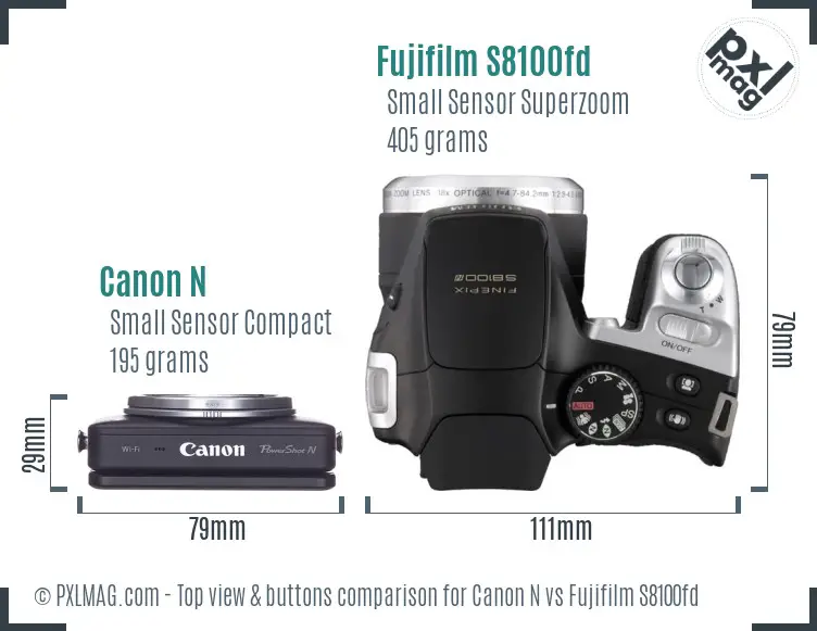 Canon N vs Fujifilm S8100fd top view buttons comparison Canon N vs Fujifilm S8100fd top view buttons comparison