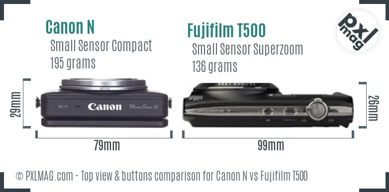 Canon N vs Fujifilm T500 top view buttons comparison