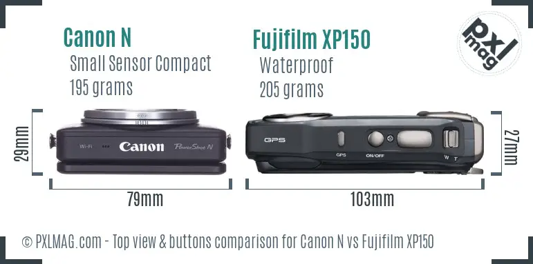 Canon N vs Fujifilm XP150 top view buttons comparison