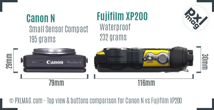 Canon N vs Fujifilm XP200 top view buttons comparison Canon N vs Fujifilm XP200 top view buttons comparison