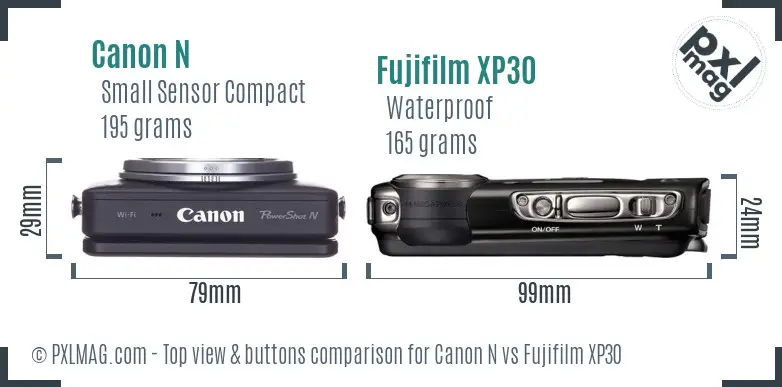 Canon N vs Fujifilm XP30 top view buttons comparison Canon N vs Fujifilm XP30 top view buttons comparison