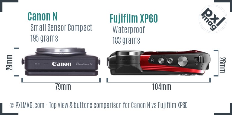 Canon N vs Fujifilm XP60 top view buttons comparison