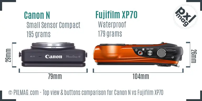 Canon N vs Fujifilm XP70 top view buttons comparison