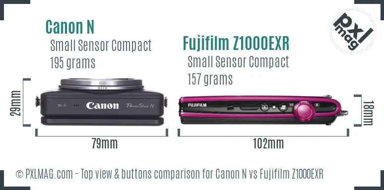 Canon N vs Fujifilm Z1000EXR top view buttons comparison