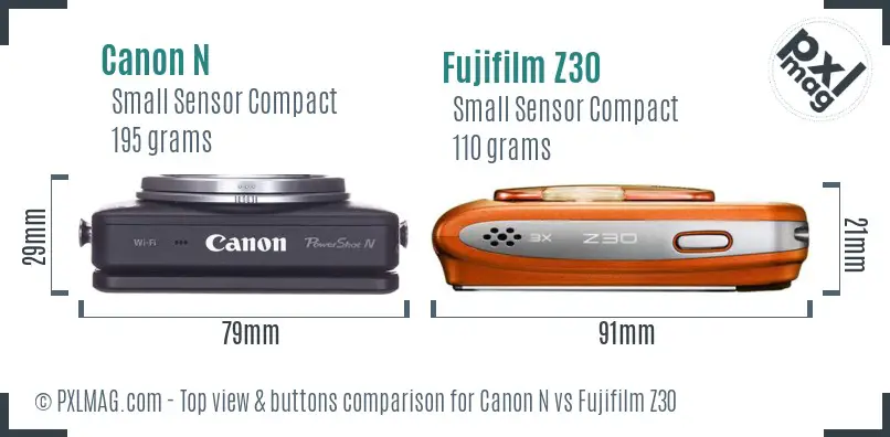 Canon N vs Fujifilm Z30 top view buttons comparison