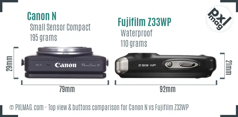 Canon N vs Fujifilm Z33WP top view buttons comparison