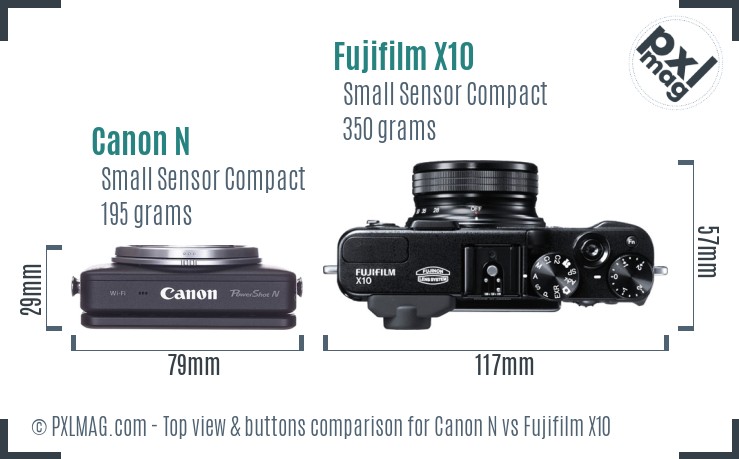 Canon N vs Fujifilm X10 top view buttons comparison