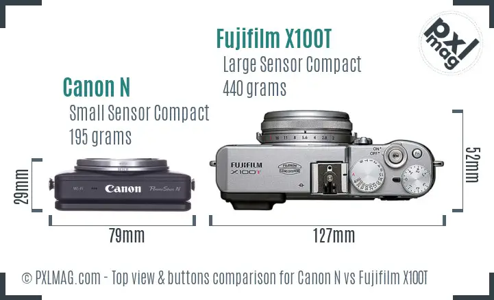 Canon N vs Fujifilm X100T top view buttons comparison