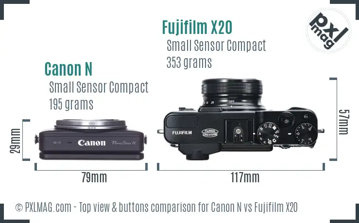 Canon N vs Fujifilm X20 top view buttons comparison